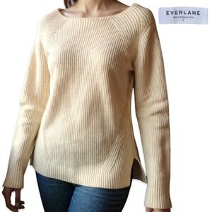 Everlane 100% Wool Sweater Ribbed Boat Neck Long Sleeve Woman's Small Cream Chic